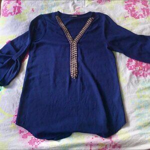 Gold chain blue blouse Nikato Size small Sheer thin flowy material